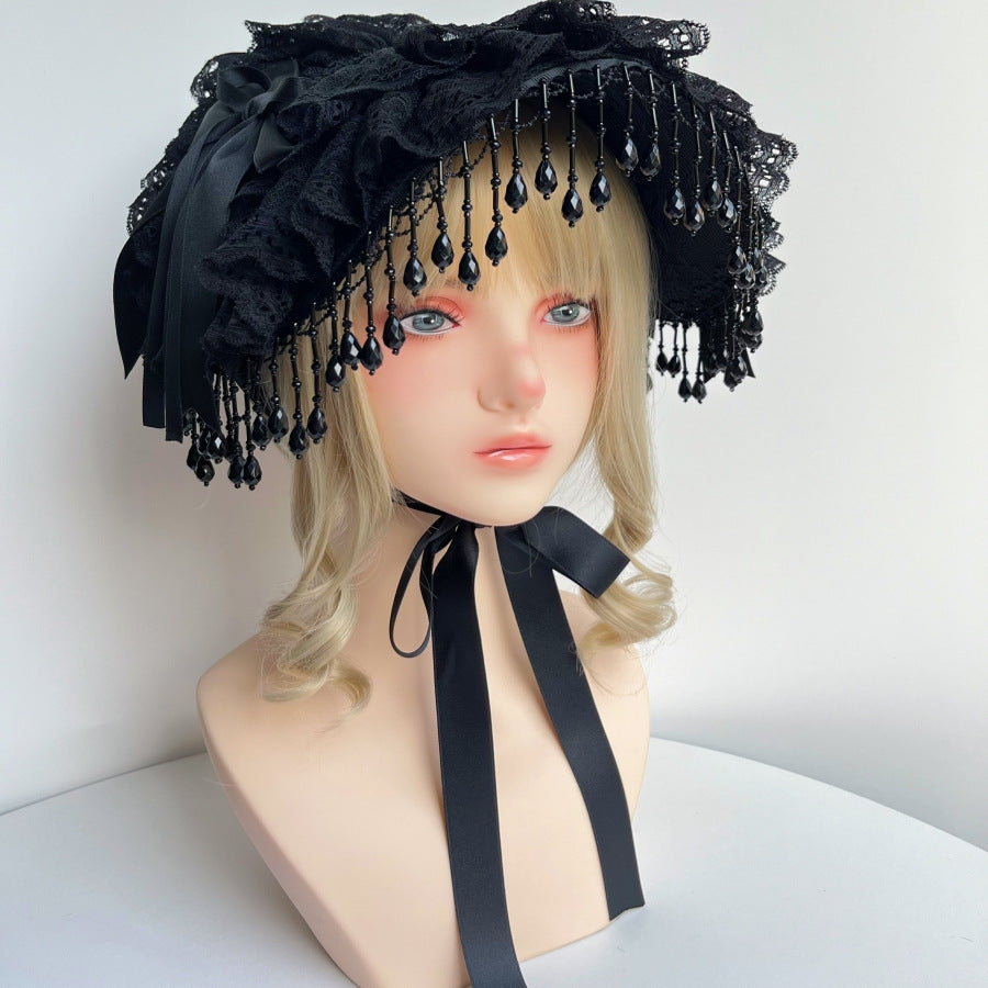 Original Lolita Handmade Gothic Dark Widow Hat Black Pearl Tassel Lace Black Rose Feather Photo Prop
