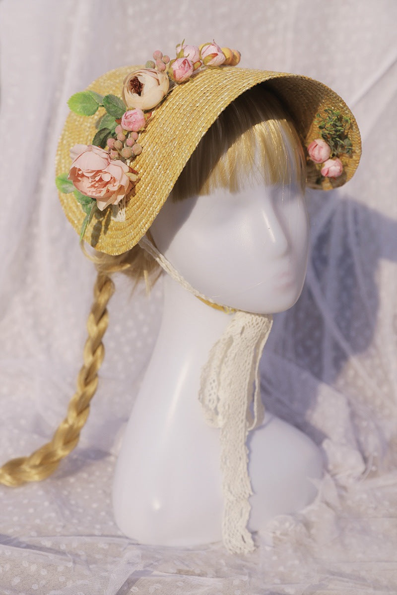 Wanqian Original Straw Hat Flat Hat Lolita Handmade Tea Party Pastoral Bonnet French Retro Photo Bntbb Hat