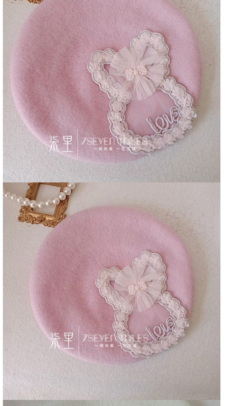 Long-Eared Rabbit  Beret Handmade Bow Lolita Girl Sweet Cute Woolen Hat for Women