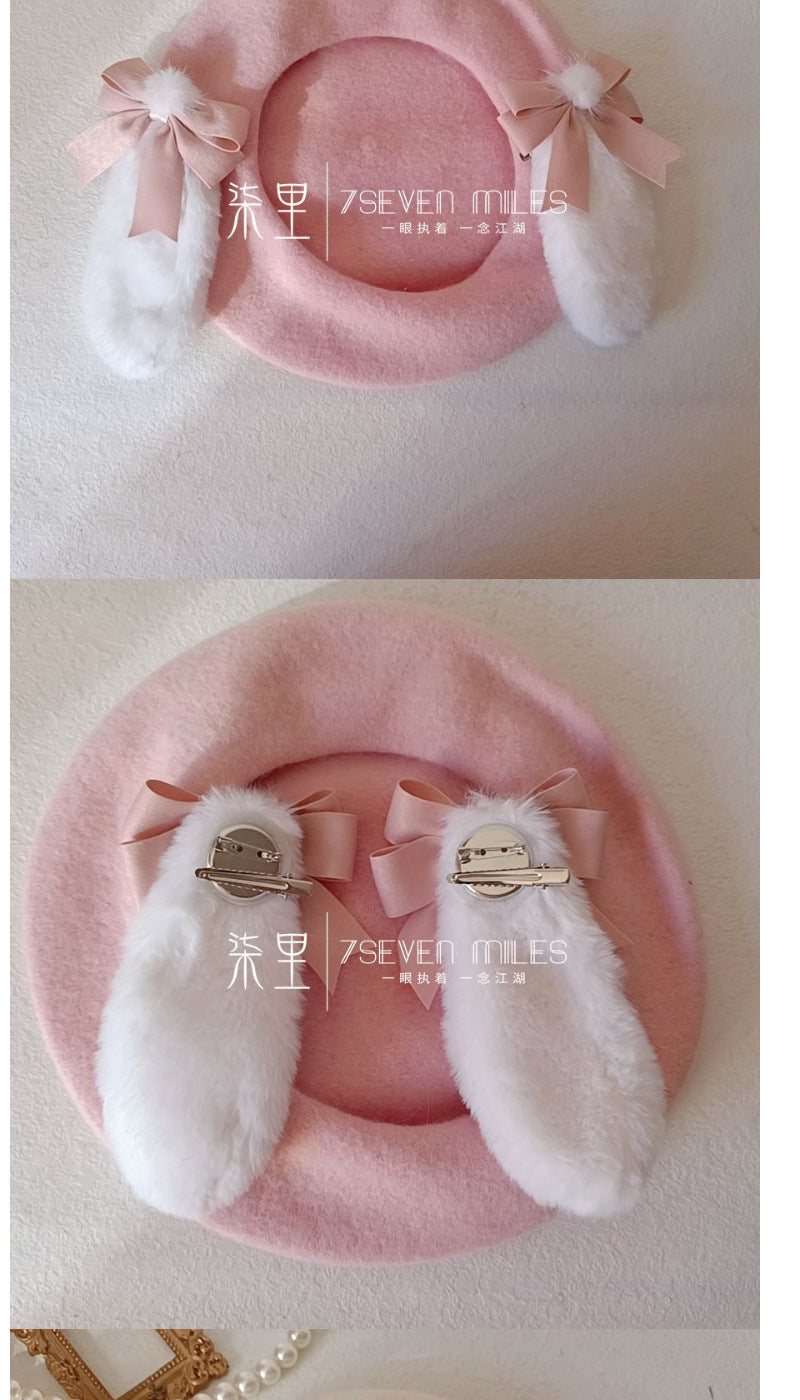 Long-Eared Rabbit  Beret Handmade Bow Lolita Girl Sweet Cute Woolen Hat for Women