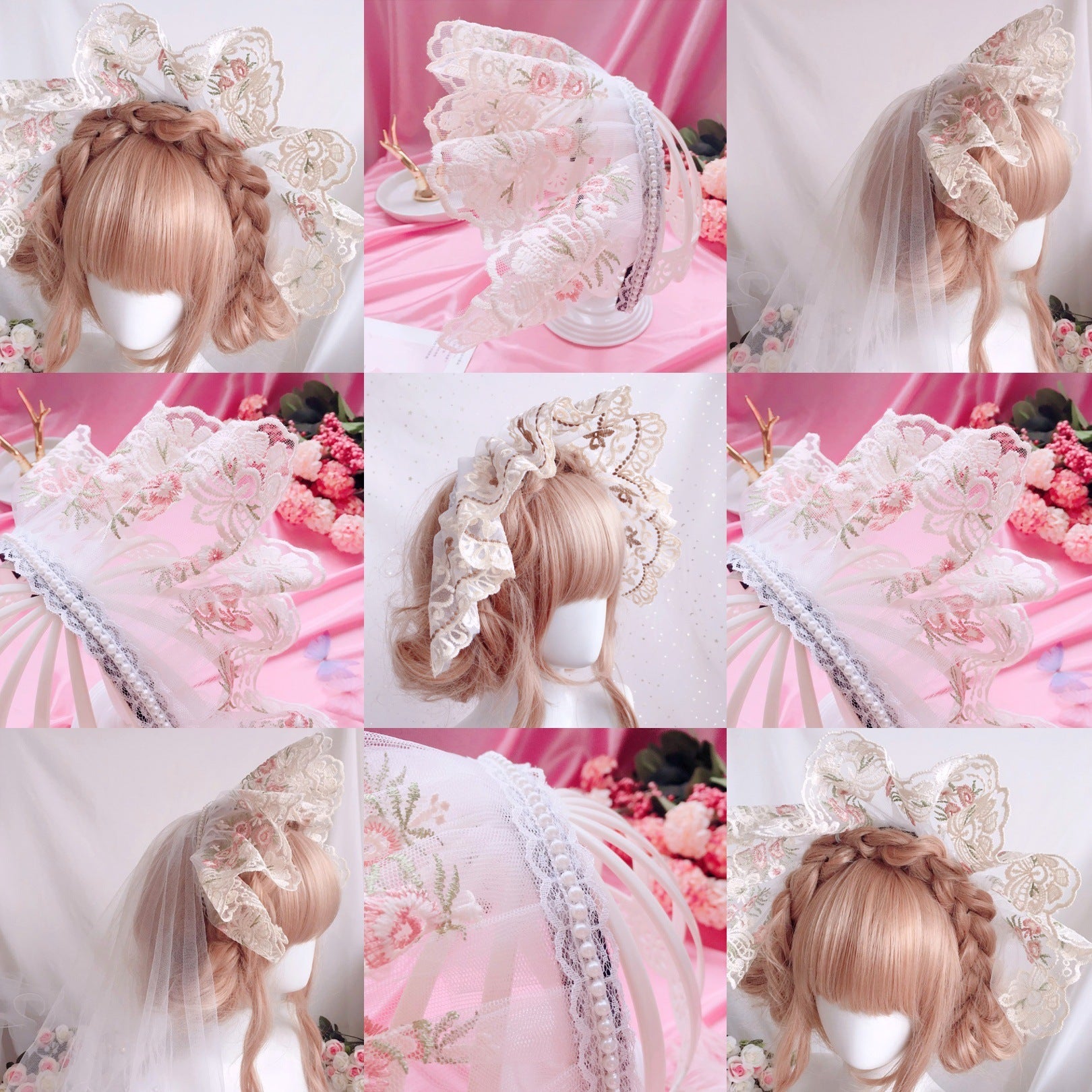 Embroidered Lace French Lolita Bonnet Headband - Vintage Lace Bnt Hat Headwear Hair Accessory