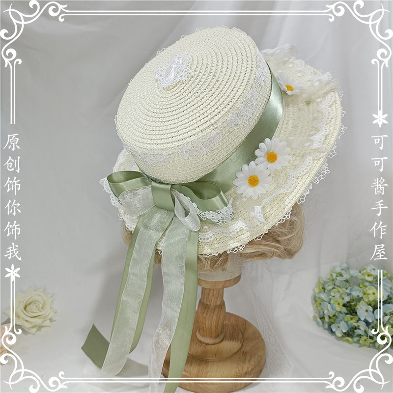 Original Handmade Lolita White Chrysanthemum Straw Hat with Bow Ribbon Sun Hat Sweet Fairy Ancient Style Outing Pastoral Hat