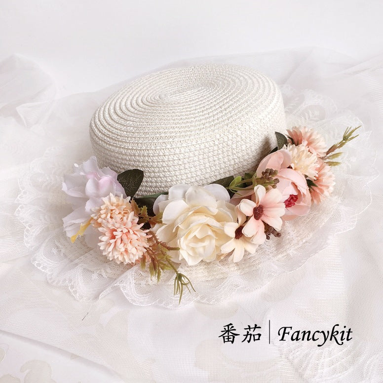 Handmade Lolita Retro Artificial Flower Straw Hat Bonnet French Pastoral Hat Photo Hat Sun Hat
