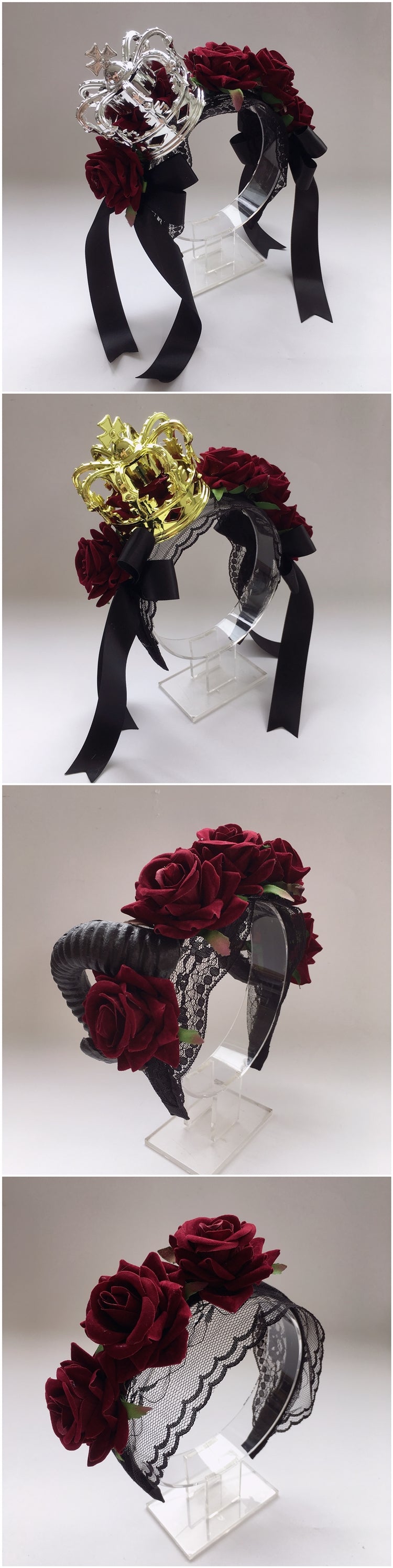 Christmas Gothic Crown Red Rose Headband Lolita Ribbon Hair Accessory Vintage Festival Party Veil Accessory