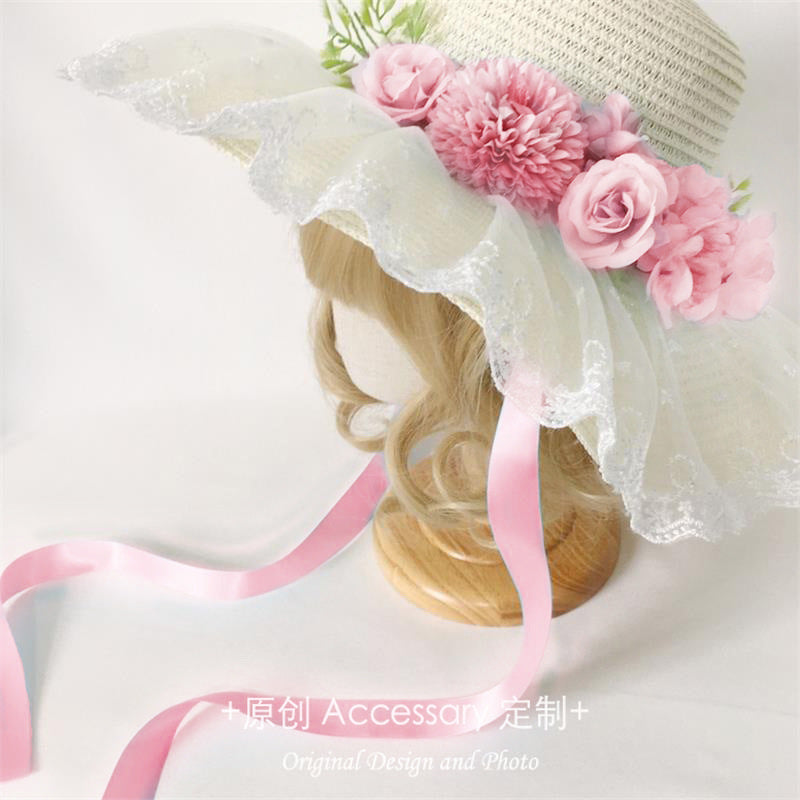 Original Handmade Lolita Sun Hat for Outings and Photos with Flower Bow Lace Wide Brim Sun Hat Straw Hat
