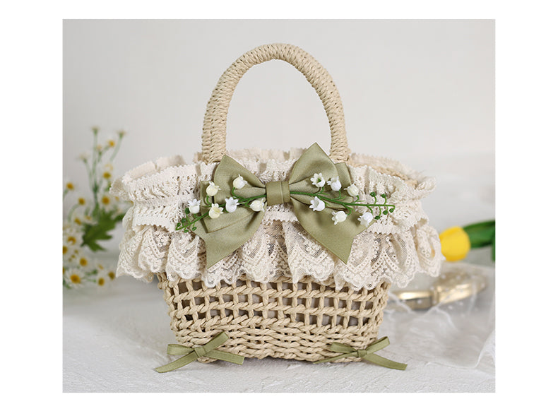 Original Lolita Mori Style Lily of the Valley Lace Beach Pastoral Straw Bag Rattan Bag Handheld Woven Bag Crossbody Bag