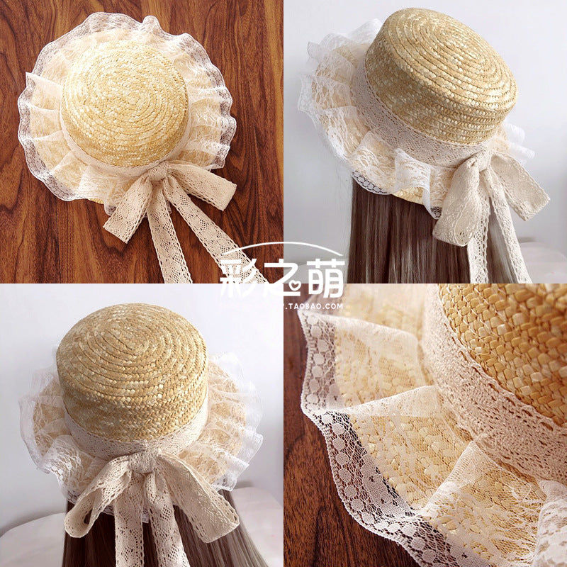 Japanese Lolita Style Handmade Mori Style DIY Basic Lace Cotton Thread Bow Ribbon Straw Hat