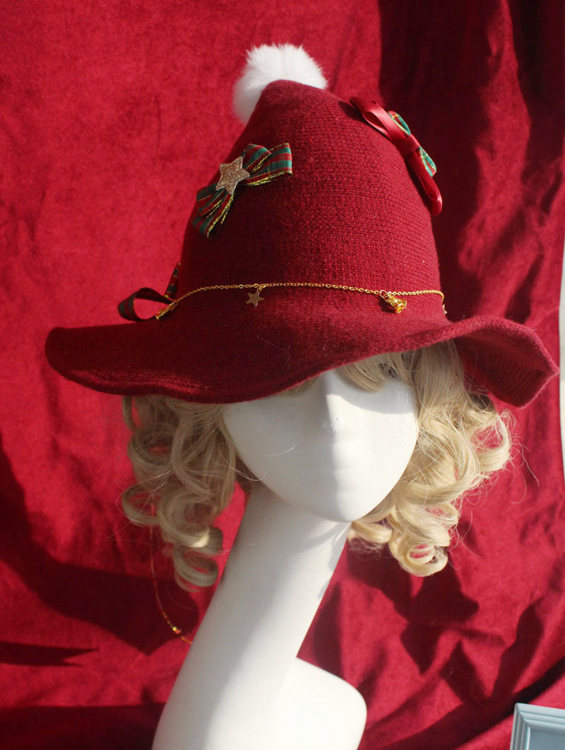 Christmas Original Handmade Lolita Knitted Pointed Pom-Pom Red Hat Lolita Soft Girl Hat