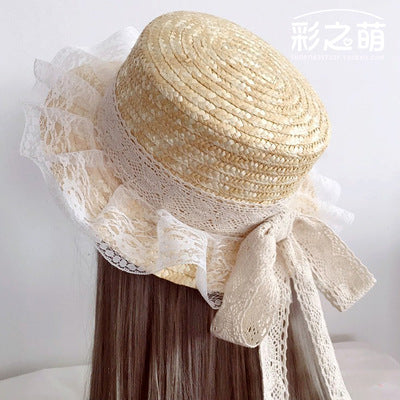 Japanese Lolita Style Handmade Mori Style DIY Basic Lace Cotton Thread Bow Ribbon Straw Hat