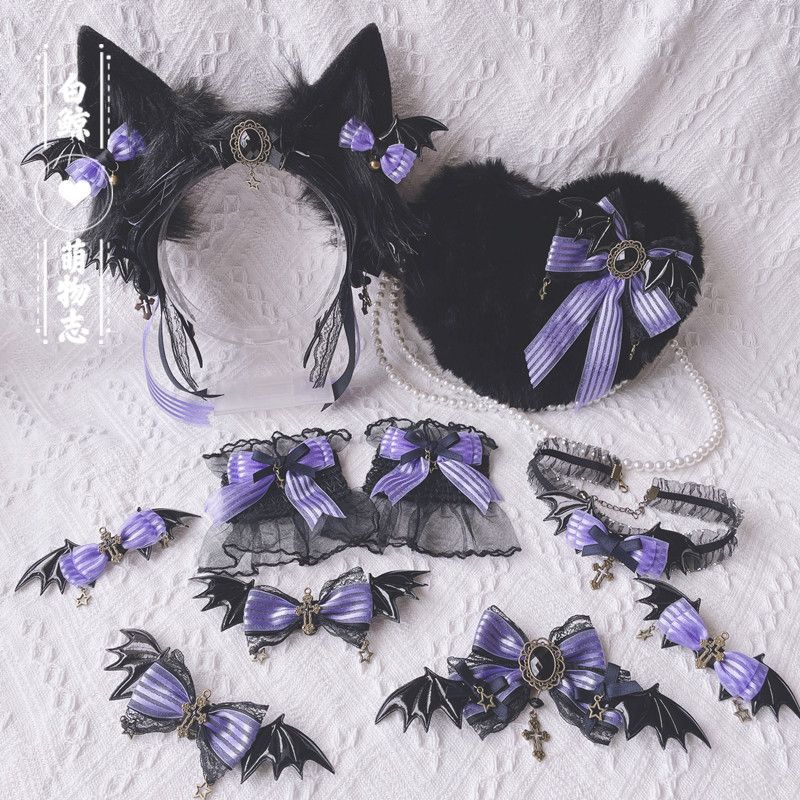 Halloween Witch Night Original Dark Gothic Lolita Accessories Bowknot Animal Ears KC Black Purple Arm Sleeves Bag