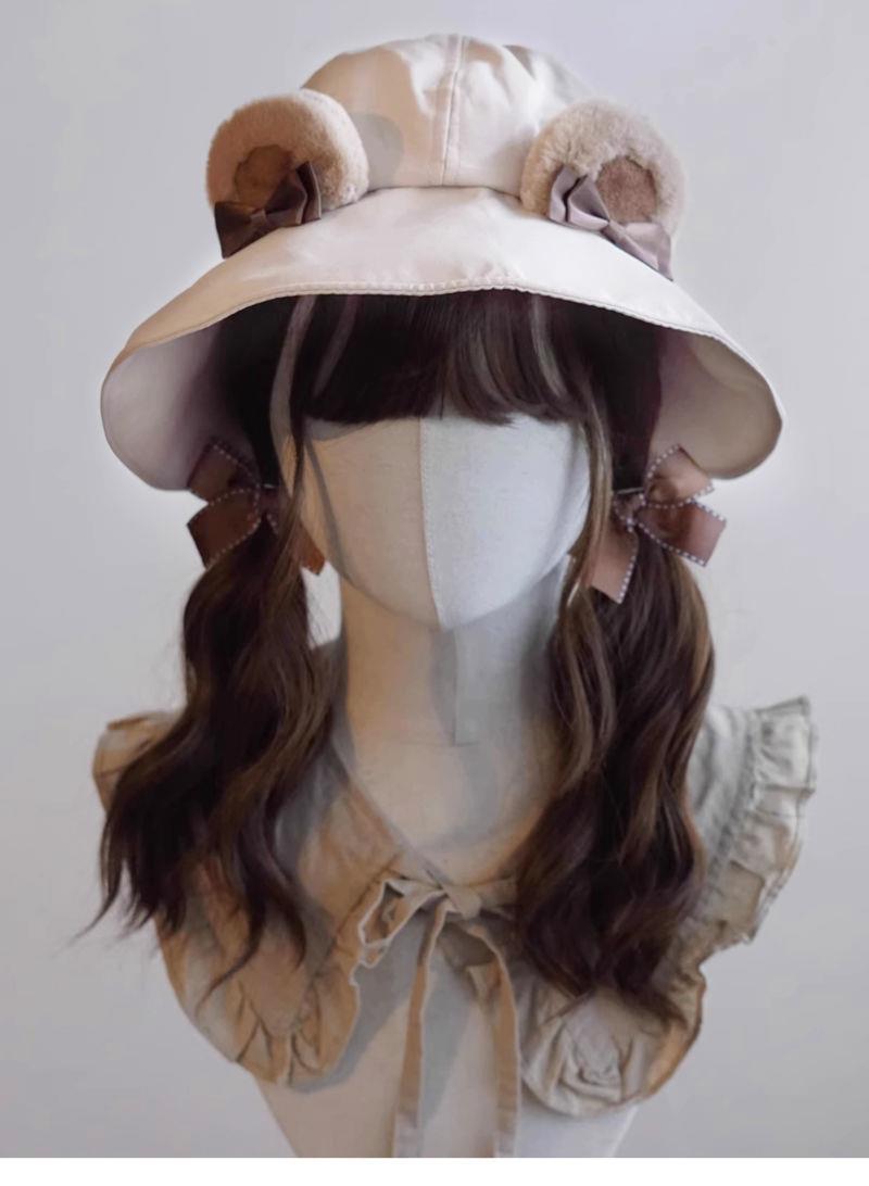 Original Handmade Lolita Bear Fisherman Hat Sun Hat Japanese Korean Cute Animal Ear Khaki Hat