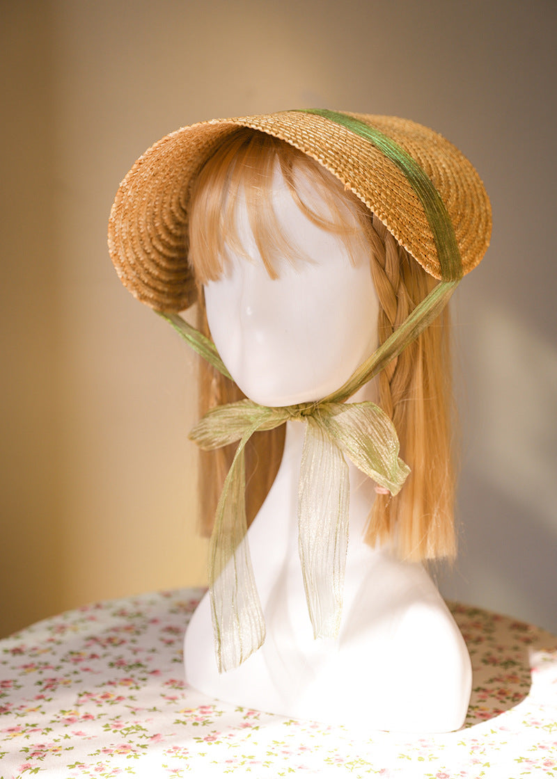 Vintage French Lolita Hat Straw Flat Hat DIY Handmade Vintage Accessories Bnt Lace Strap Hat