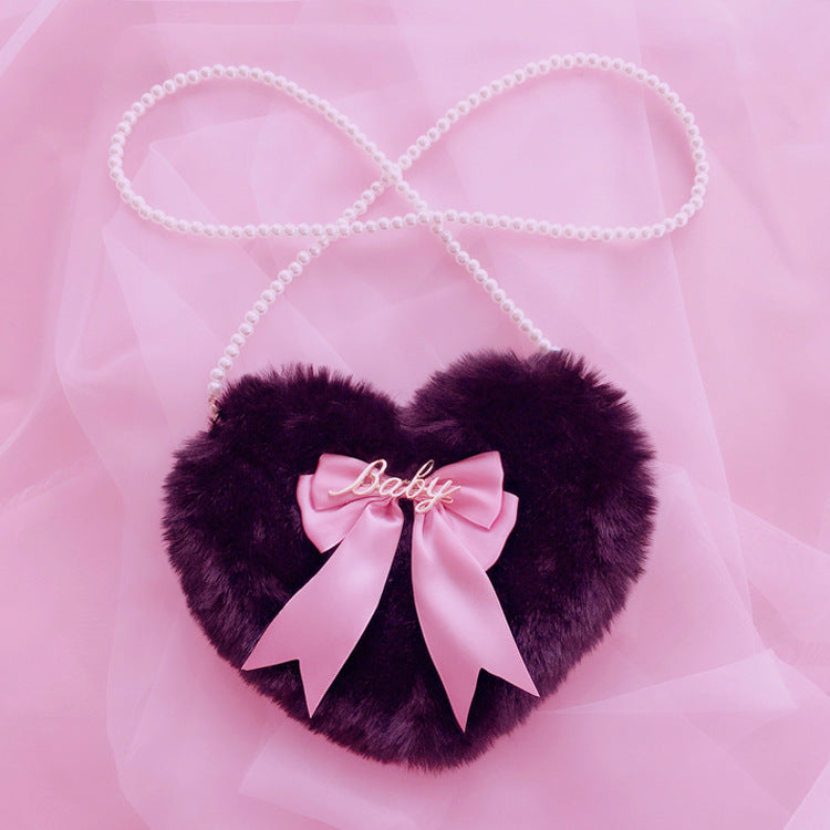 Lolita Plush Heart Shoulder Bag Heart-Shaped Multi-Color Double-Layer Bow Pearl Chain Lolita Bag Crossbody Bag
