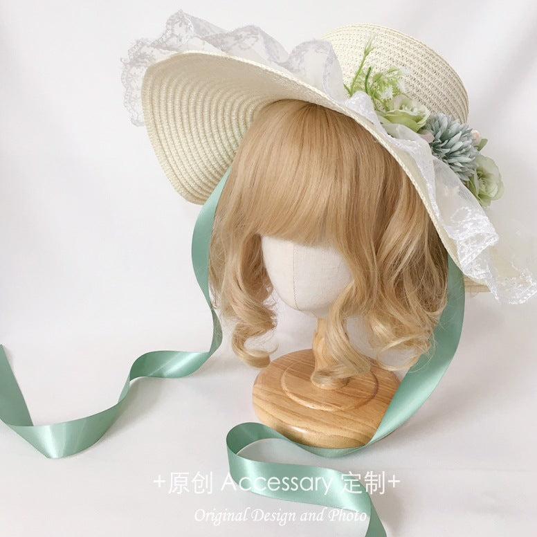 Original Handmade Lolita Sun Hat for Outings and Photos with Flower Bow Lace Wide Brim Sun Hat Straw Hat