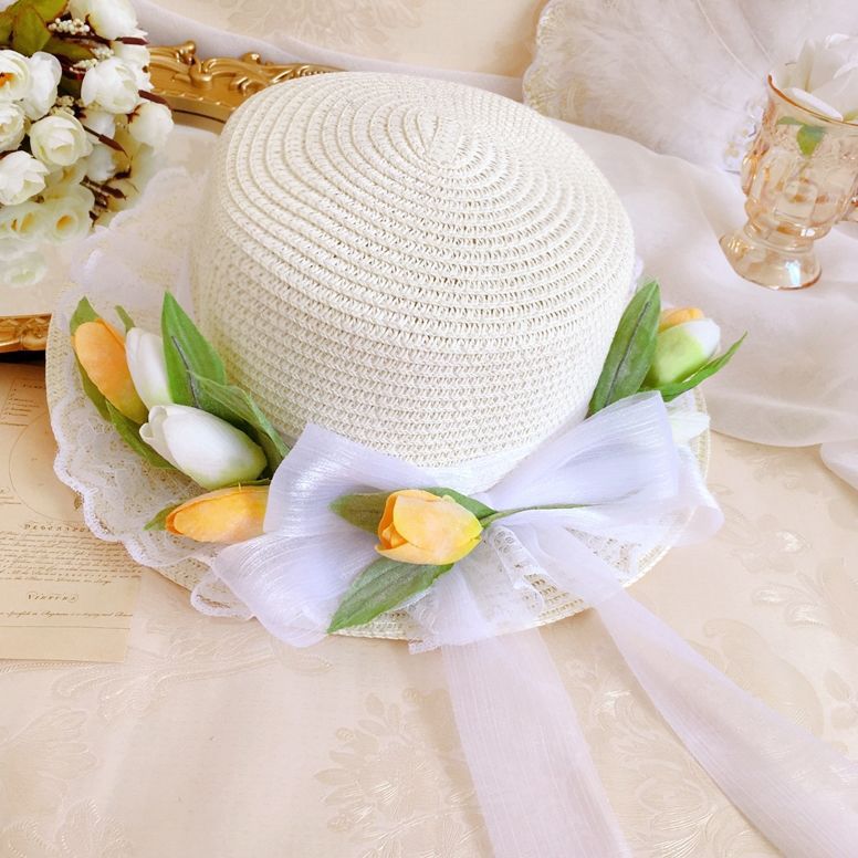 Original Handmade Pink Tulip Lolita Small Sun Hat Straw Hat Oil Painting Style Travel Photography Woven Bag Basket