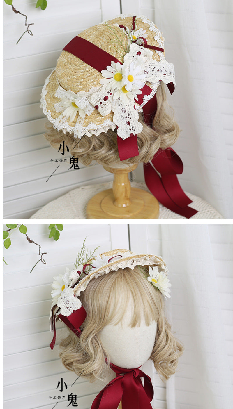Original Lolita Straw Hat Flower Elegant Flat Hat Top Hat Bridal Tea Party Gorgeous Hat Han Western Eclectic Reminiscence