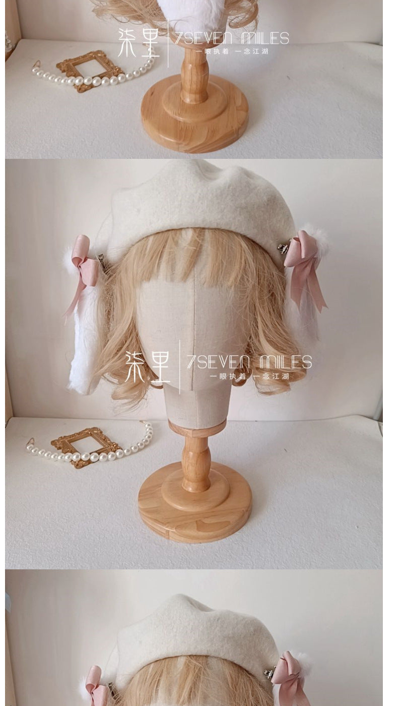 Long-Eared Rabbit  Beret Handmade Bow Lolita Girl Sweet Cute Woolen Hat for Women