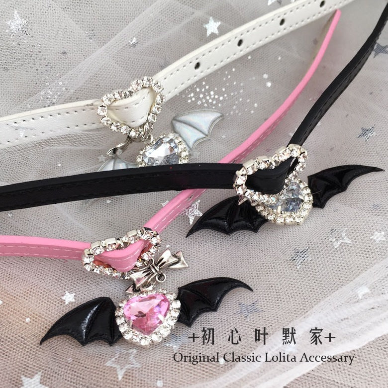 Lolita Subculture Leather Choker Collar & Bracelet - Angel Little Devil Heart with Rhinestone Bowknot