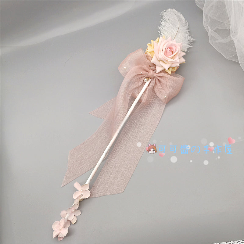 Original Lolita Tea Party Rose Flower Wand Handmade Fairy Wand Handheld Cane Staff Performance Photo Shoot Catwalk Magic
