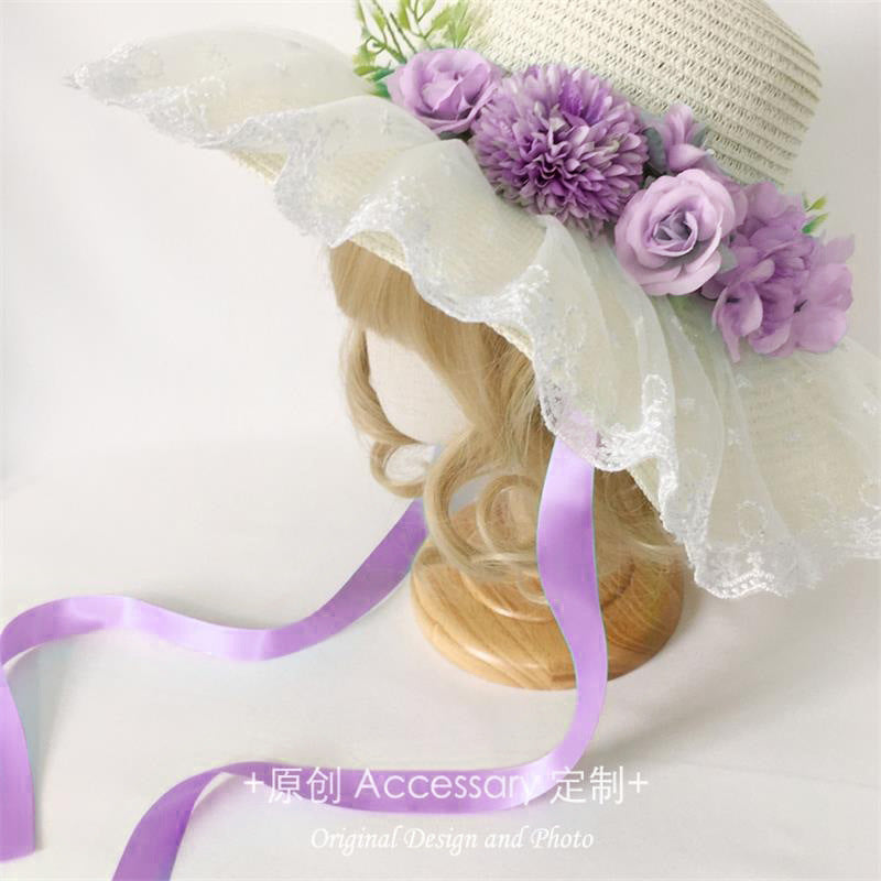 Original Handmade Lolita Sun Hat for Outings and Photos with Flower Bow Lace Wide Brim Sun Hat Straw Hat