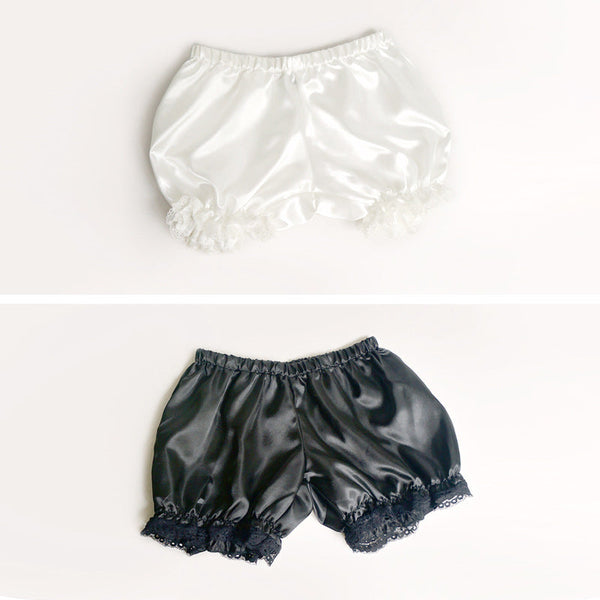 White and black short Lolita bloomers with gathered lace hems