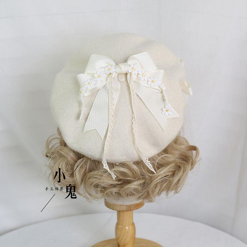 Handmade Original Mori Style Bowknot Beret Hat with Daisy Lace Soft Cute Lolita Handmade Beret Hat