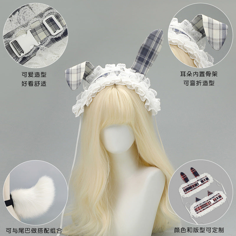 Subculture Retro Plaid Buckle Hairband Ancient Rural Style Lolita KC Lace Japanese Style Lolita Cat Ear Hair Accessory