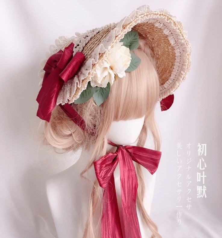Multicolor Bonnet Straw Hat Flat Hat Lolita Original Handmade Pastoral Style Elegant French BNT Hat