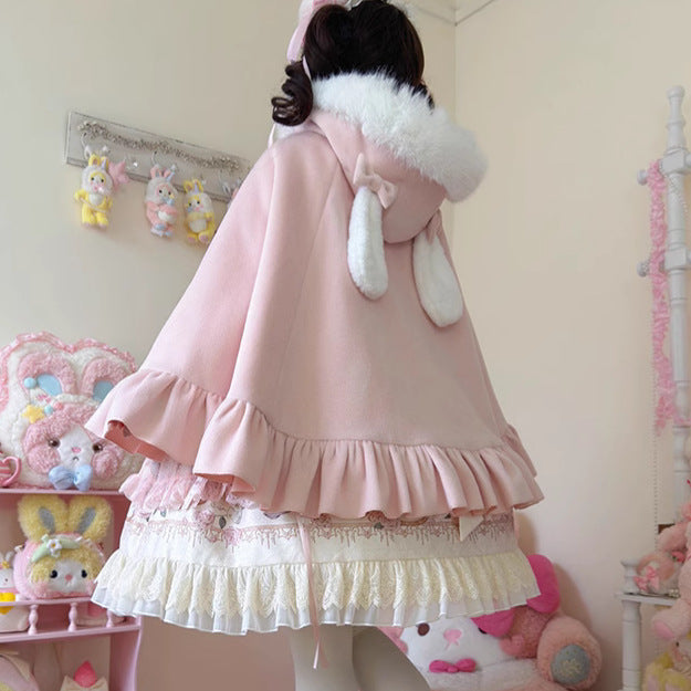 Winter Lolita Rabbit Ear Cape |   Fleece-Lined Thickened Woolen Cape (Blue/Pink, One Size)
