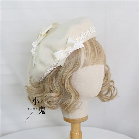 Handmade Original Mori Style Bowknot Beret Hat with Daisy Lace Soft Cute Lolita Handmade Beret Hat