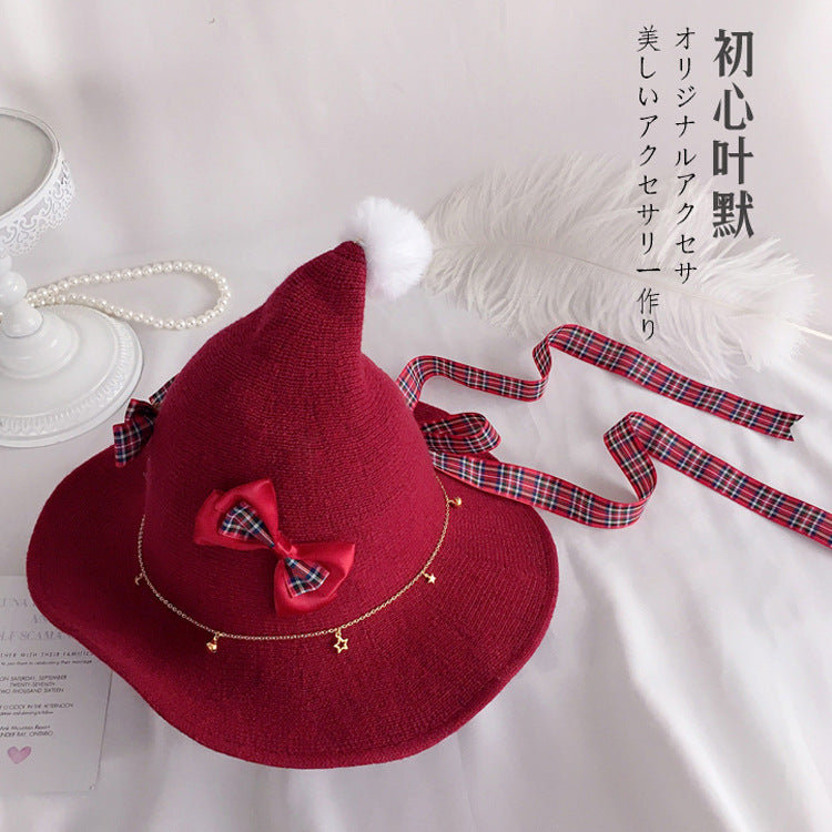 Christmas Original Handmade Lolita Knitted Pointed Pom-Pom Red Hat Lolita Soft Girl Hat