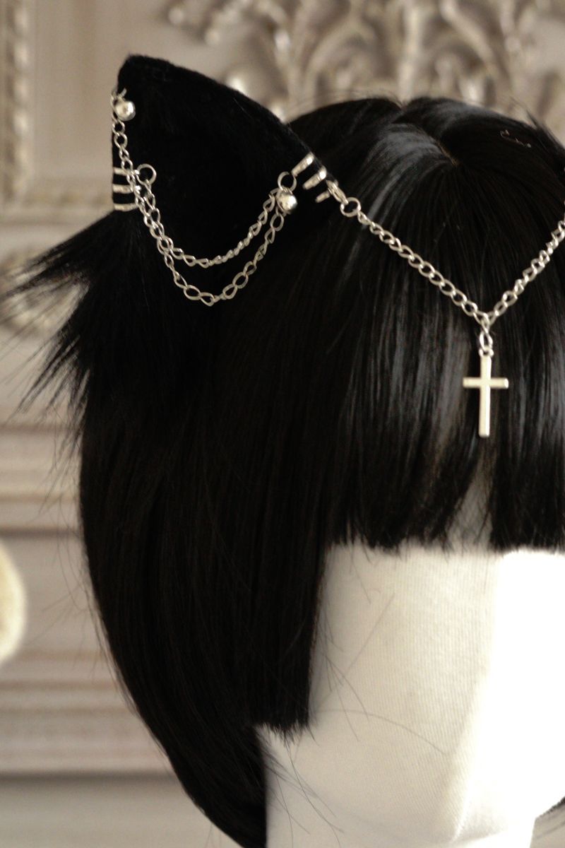 Original Handmade Lolita Chain Black Cat Ear Gothic Style Exotic Beast Ear Hair Clip Cosplay Comic Exhibition