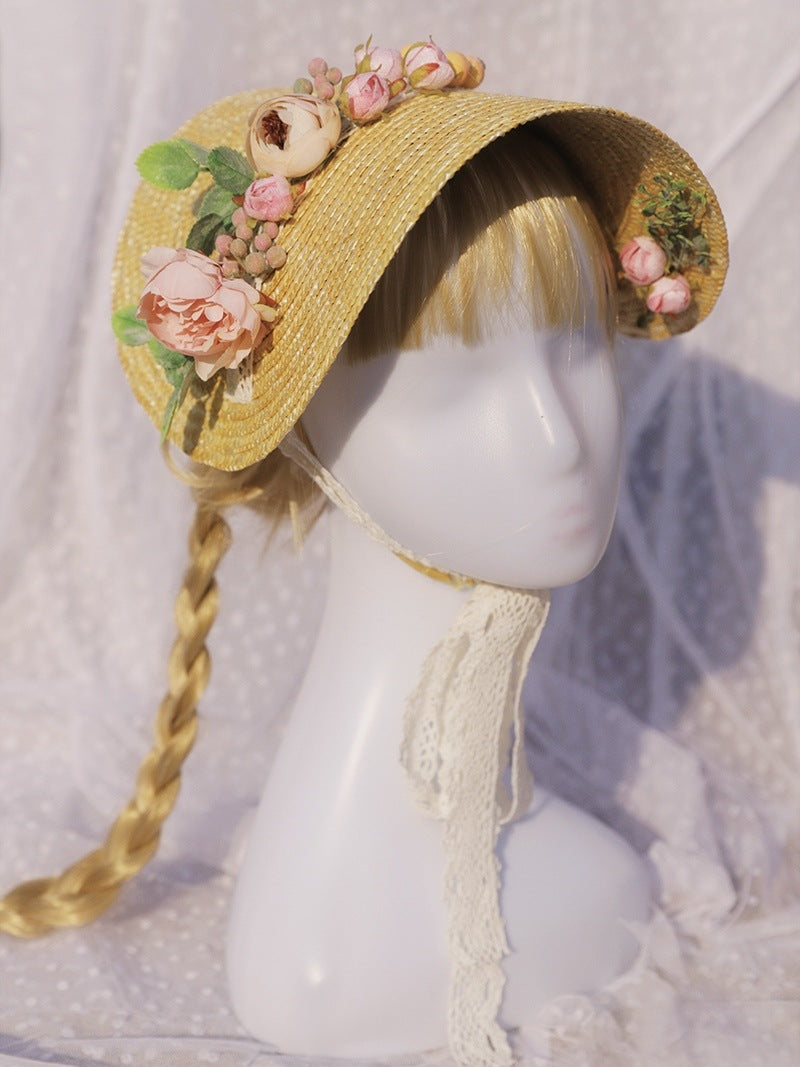 Wanqian Original Straw Hat Flat Hat Lolita Handmade Tea Party Pastoral Bonnet French Retro Photo Bntbb Hat