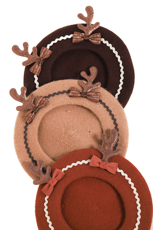 Cute Deer  Soft Girl Lolita Bowknot Beret Painter Hat Handmade Antler Hat