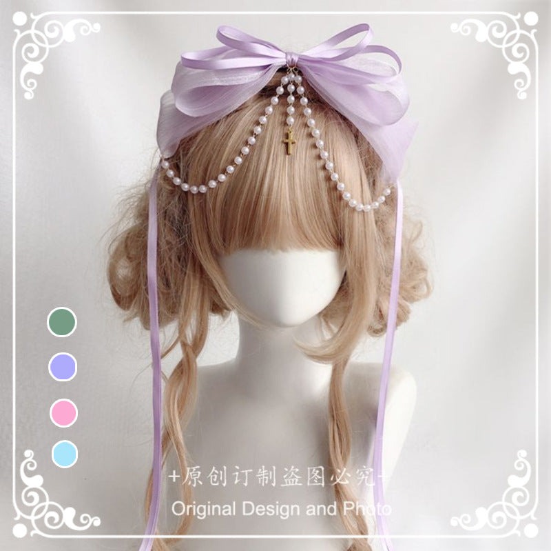 Original Handmade Lolita Double Layer Bow Ribbon Headband Lolita Pearl Cross Pendant Headband Hair Accessory