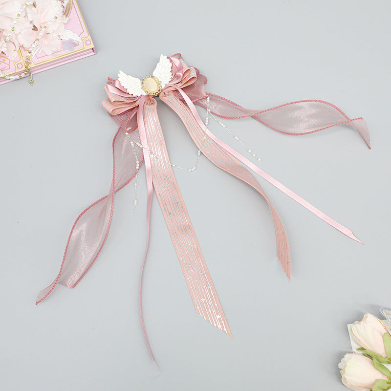 Handmade Lolita Gauze Ribbon Hair Clip Pink Lotus Cat's Eye Stone Clip