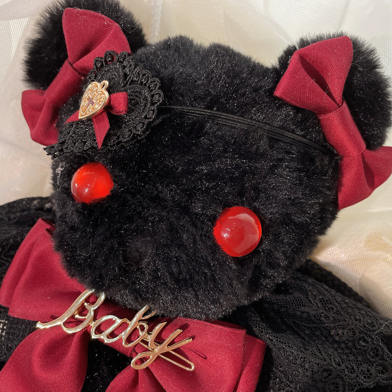 Original Handmade Design Lolita Black Eye Mask Bear Bag - Single Shoulder Black Velvet Handbag