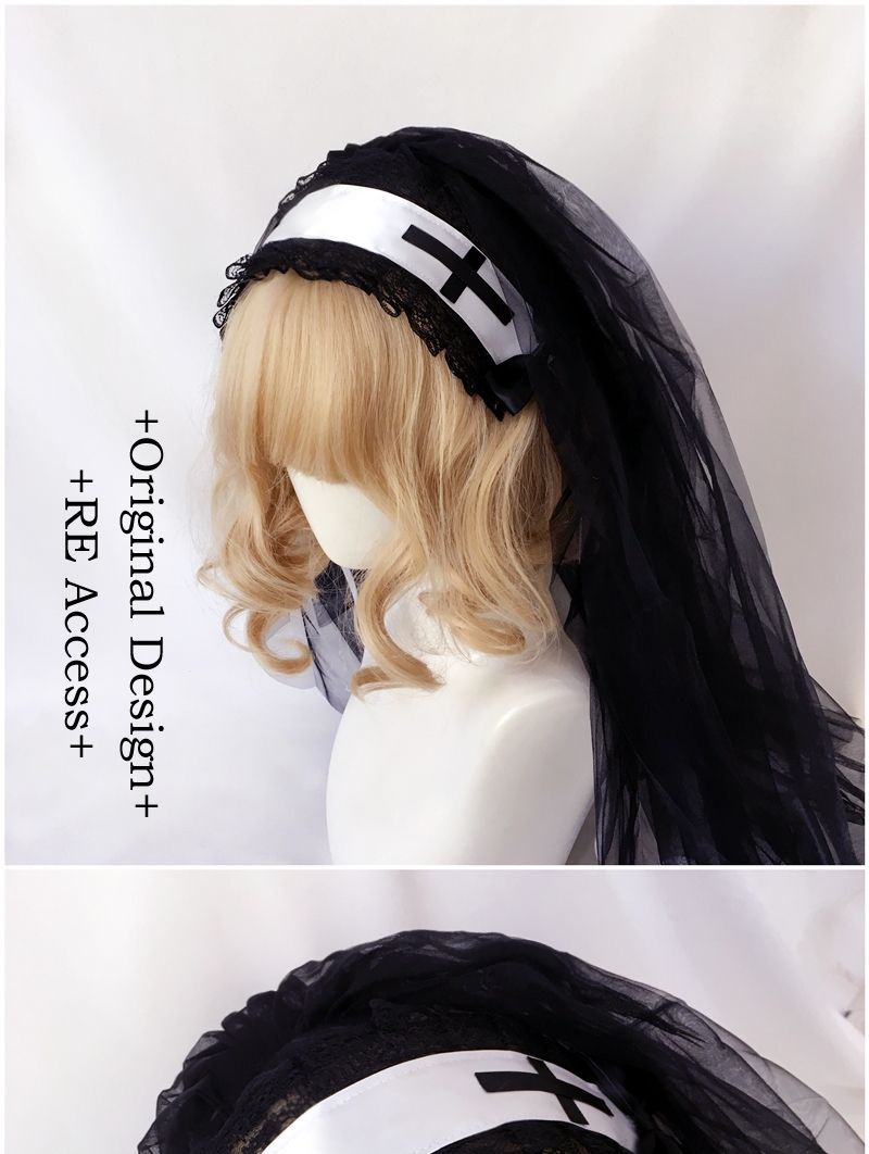 Handmade Original New Lolita Dark Night Saint Church Cross Embroidery Shiny Rhinestone Shawl Veil