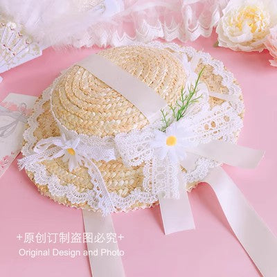 Original Lolita Straw Hat Flower Elegant Flat Hat Top Hat Bridal Tea Party Gorgeous Hat Han Western Eclectic Reminiscence