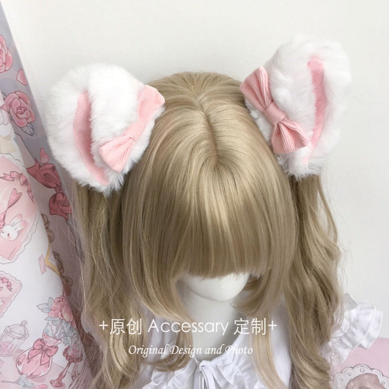Lolita Large Plush Pink Blue Bow Cat Ear Hair Clip Anime Lolita Animal Ear Hairpin