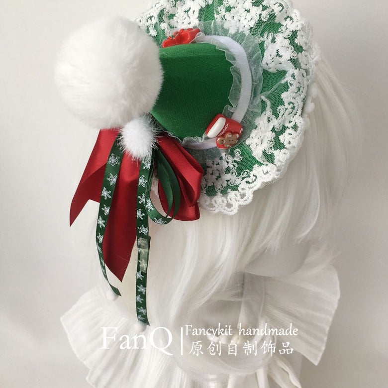 FanQ Handmade Christmas Bowknot Bunny Ear Headband KC - Small Snowball & Small Hat Lolita Hair Clip Accessory
