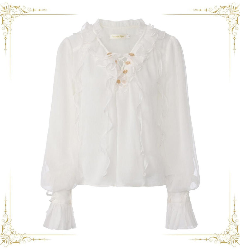 White Ouji Lolita chiffon blouse with layered ruffles, a lace-up collar, and gold-toned buttons.