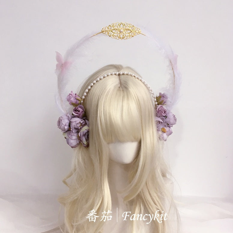 Flower Lolita Virgin Mary Double Layer Halo Hair Crown - Hanfu Headwear with Feather | Classical Han-Yang Eclectic Headpiece