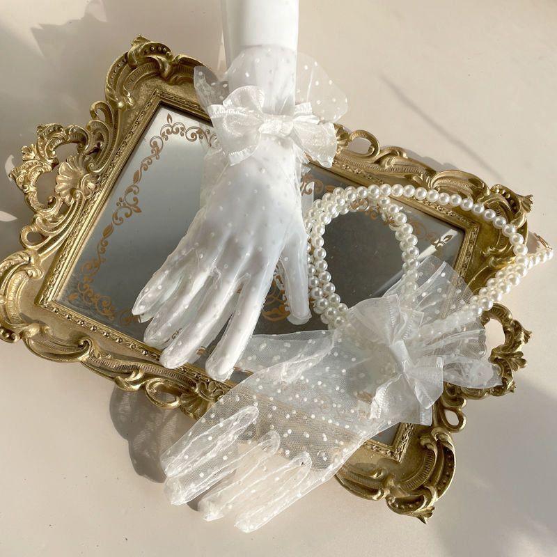 Black & White Two-tone Lace Polka Dot Gloves - Lolita Mesh Sleeves Cla Style Wedding Edition