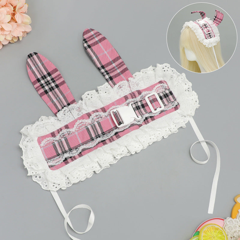 Subculture Retro Plaid Buckle Hairband Ancient Rural Style Lolita KC Lace Japanese Style Lolita Cat Ear Hair Accessory