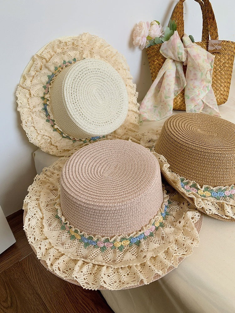 French Lolita Lace Trim Straw Hat for Women Summer Wide Brim Flat Top Sun Hat Beach Sunshade