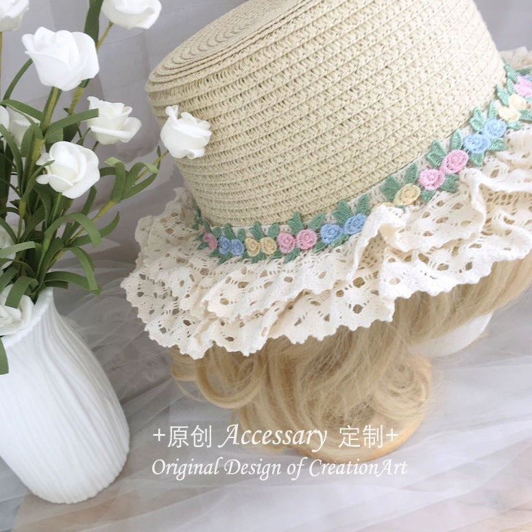 French Lolita Lace Trim Straw Hat for Women Summer Wide Brim Flat Top Sun Hat Beach Sunshade
