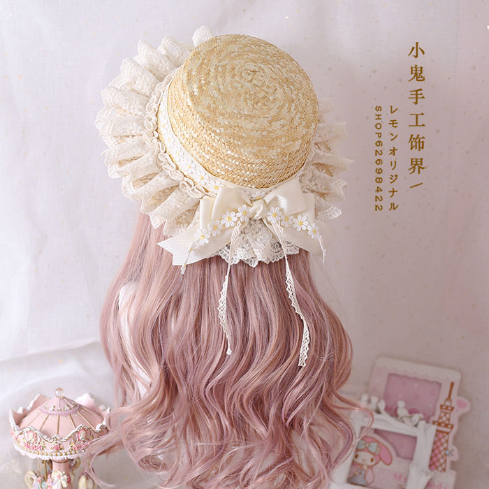 Lolita Handmade Original Elegant Straw Hat Natural Color Daisy Lace Bow Straw Hat Bridal Sun Hat