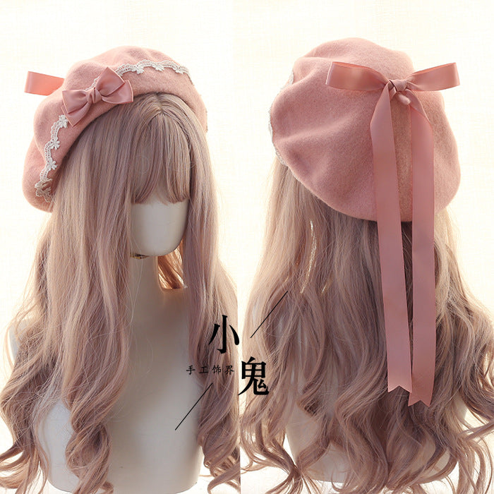 Beret Lolita Sweet Woolen Handmade Lace Bow Beret for Girls