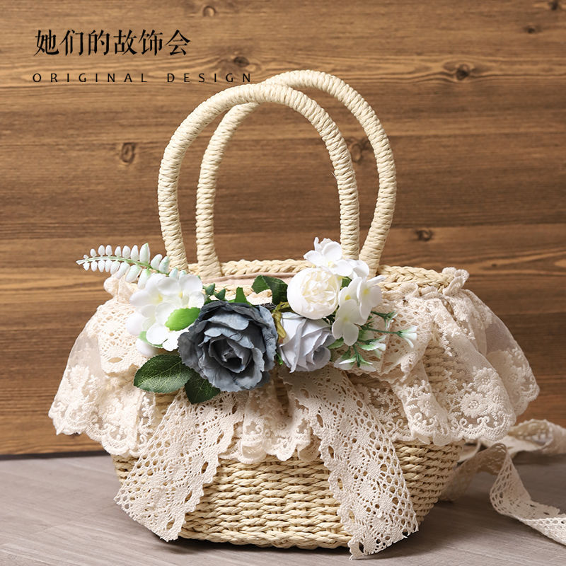 Original Handmade Straw Bag Lolita Lace Artificial Flower Beach Pastoral Soft Girl 2022 New Handbag Tote Bag